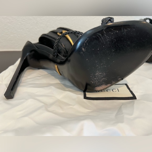 Gucci Black Leather & Gold Horse Bit Ankle Cuff Stiletto Heel Gladiator Sandal - Picture 13 of 15